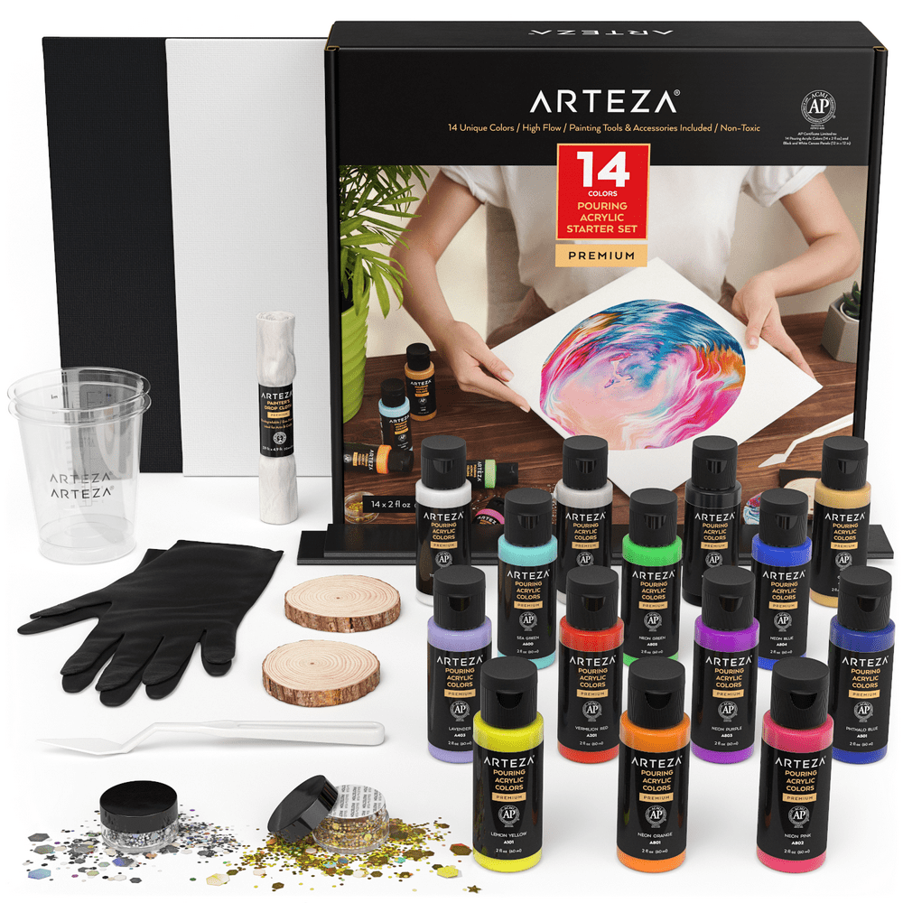 Arteza Acrylic Pouring Paint Kit, Including Canvases & Tools, 60ml