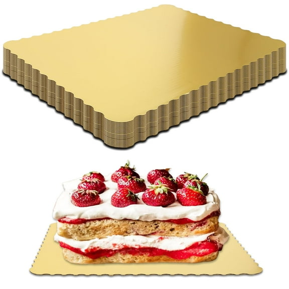 Anscher 25 Pack 14 x 10 Inch Greaseproof Rectangle Cake Boards Corrugated Single Wall Cake Pad Half Sheet Cake Board Rectangular Scalloped Rectangle Dessert Base for Cake Pizza(Gold)