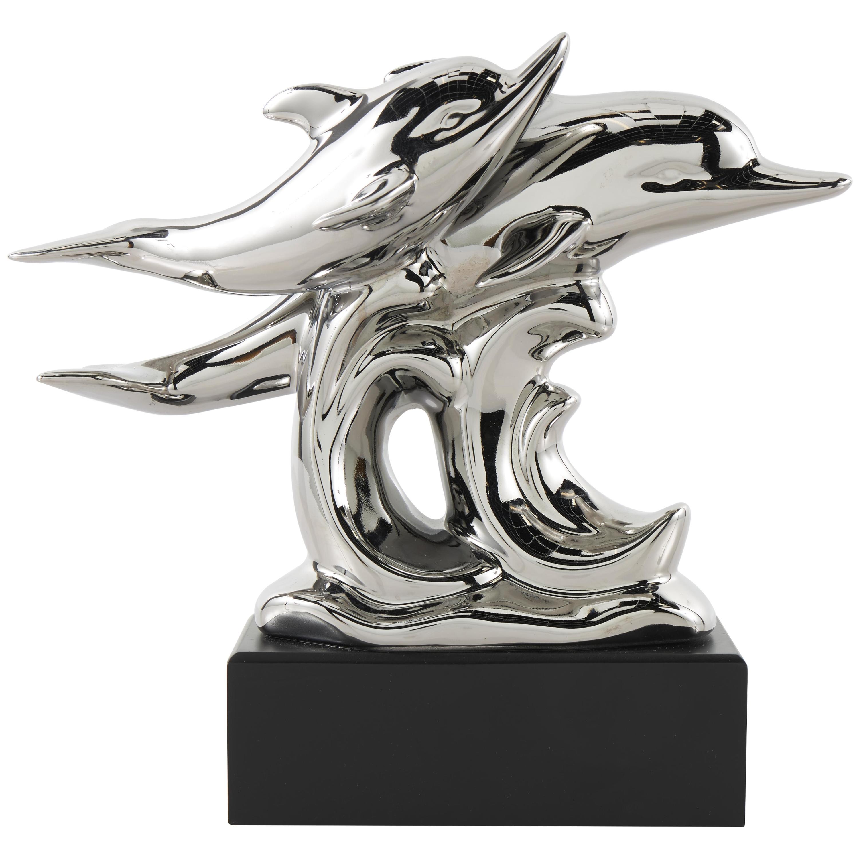 10" x 9" Silver Ceramic Dolphin Sculpture with Black Block Base, by DecMode