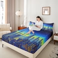thumbnail image 4 of Homewish Modern City Queen Sheet Set (4-Piece) Watercolor Graffiti Yellow Blue Decor For Men Women, 4 of 7