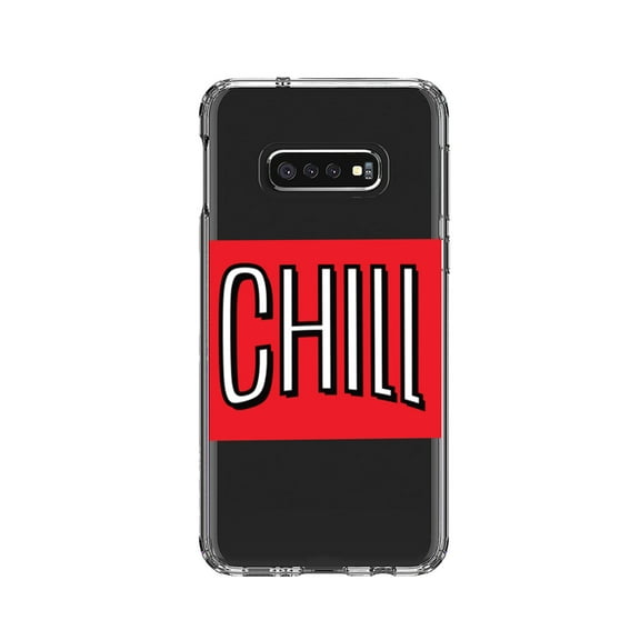 DistinctInk Clear Shockproof Hybrid Case for Samsung Galaxy S10e (5.8" Screen) - TPU Bumper, Acrylic Back, Tempered Glass Screen Protector - CHILL with red background