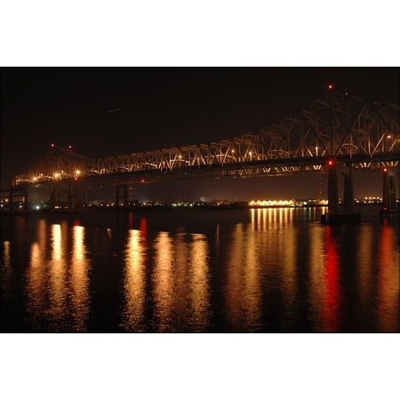 24"x36" Gallery Poster, greater new orleans bridge over the mississippi river at night