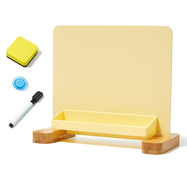 Magnetic Desktop Whiteboard Set with Storage Box - Includes 1 Eraser, 1 Marker, and 1 Magnet in Yellow Color - Model 509, Metal and Bamboo Wood Design, Size 233x98x195mm