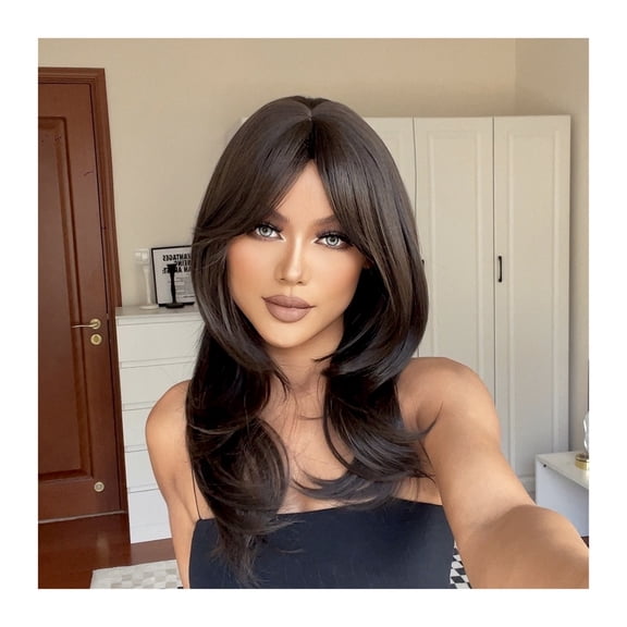 Dark Black Brown Synthetic Long Straight Layered Wig for Women with Side Bangs Mid-length Natural Hair Wigs Heat Resistant