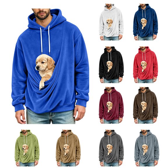 LWFFDAW Pet Carrier Hoodie Men Long Sleeve Dog Pouch Fuzzy Fleece Hoodies Winter Warm Loose Comfy Casual Hooded Sweatshirt with Pocket
