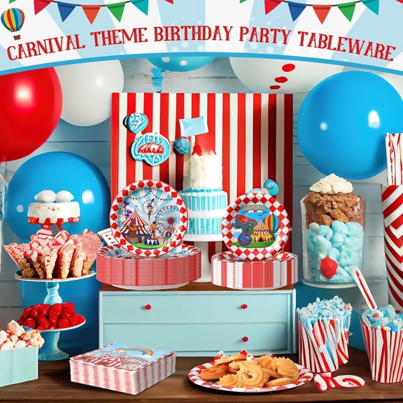 YUYAN-400 Pcs Circus Party Supplies 100 9 Inch Plates 100 7 Inch Plate 200 Disposable Paper Luncheon Napkins Red and White Dinner for BBQ Picnic Birthday Party