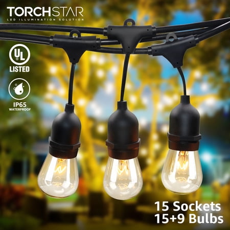 TORCHSTAR 50ft Outdoor Patio String Lights with 15 Sockets  15 Bulbs + Extra 9 Free Bulbs  Commercial Grade Waterproof Hanging Patio Lights for Balcony  Garden  Entrance  Festivals  Events