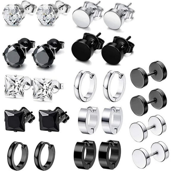 12 Pairs Stainless Steel Stud Earrings for Men Hypoallergenic Earring Unisex Studs Inlaid Cubic Zirconia Men Earrings Hoop CZ Stud Earring Set for Women
