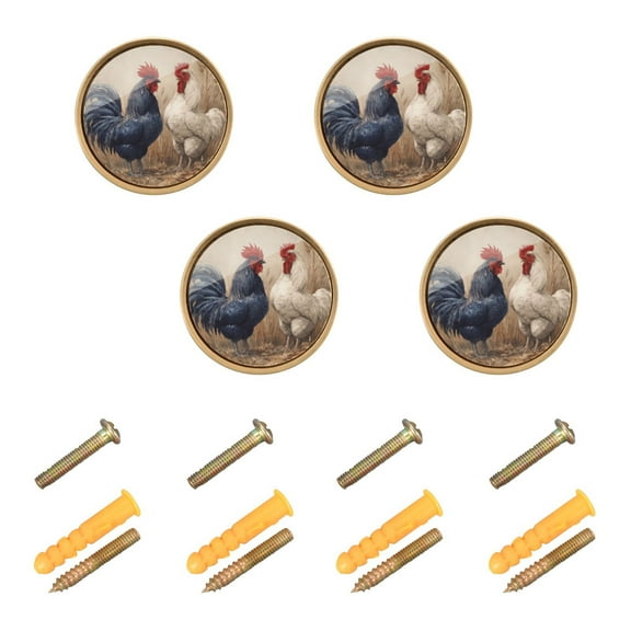 Qxltty Rooster Cabinet Knobs Kitchen Drawer Knobs Round Door Pulls Dressing Table Wardrobe Closet Knob Handles Decorative Set of 4
