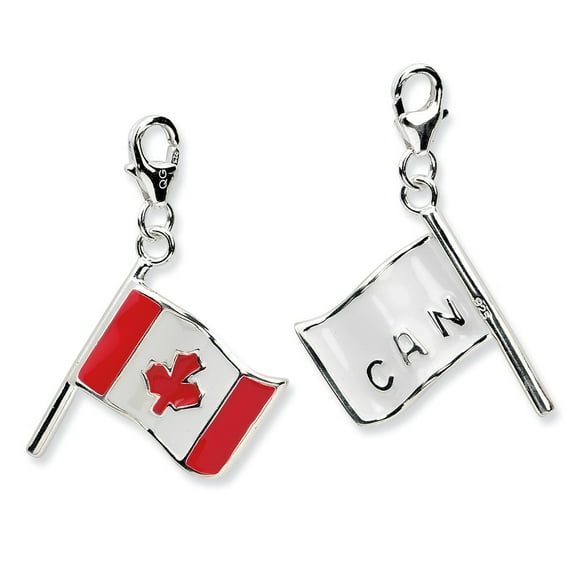 Sterling Silver 3-d Enameled Canadian Flagw Lobster Clasp Charm - 2.5 Grams - Measures 32x15mm