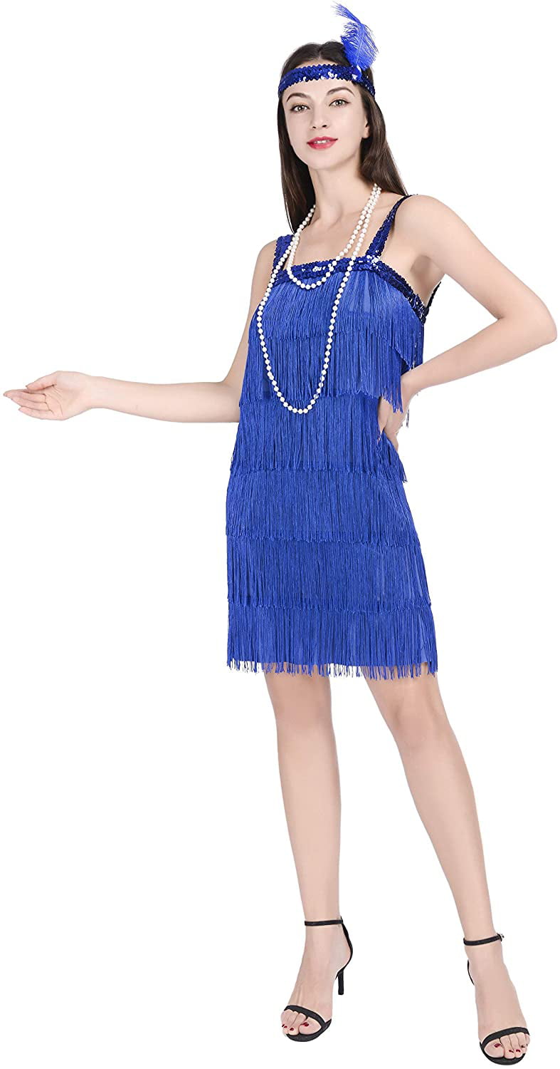 Women's Blue 1920's Deluxe Flapper 9 Tiered Fringe Costume Dress Beaded Straps 