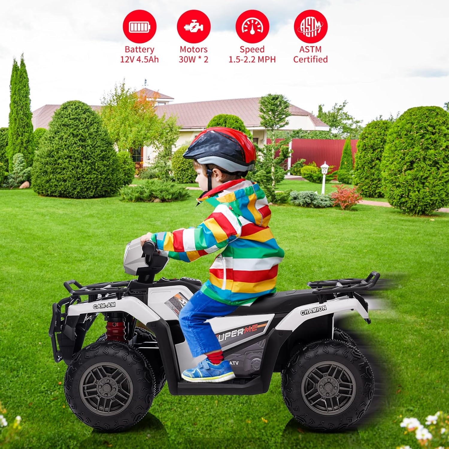 Acekid 12V Ride on ATV High/Low Variable Speed Ride on Electric Vehicle with LED Light Music USB 1.5-2.2mph Safety Speed White