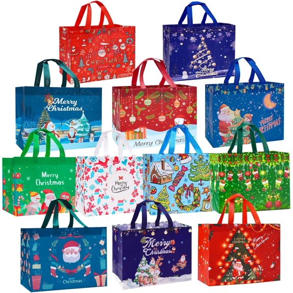 COCOBELA 12 Pack Christmas Gift Bags Large Reusable Tote Bags, Non-Wove Bags for New Year's Shopping, Christmas Surprise, Xmas Party Supplies,12.8"×9.8"×6.7"