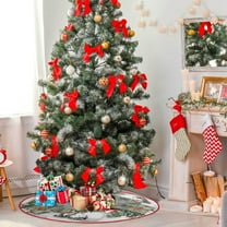 Christmas Tree Skirt 35 Inches - Large Merry Christmas Tree Rug Skirts, Red Green Funny Soft Trimmed Tree Collar Mat with Christmas Pattern Design for Farmhouse Winter Xmas Holiday Party Decorations