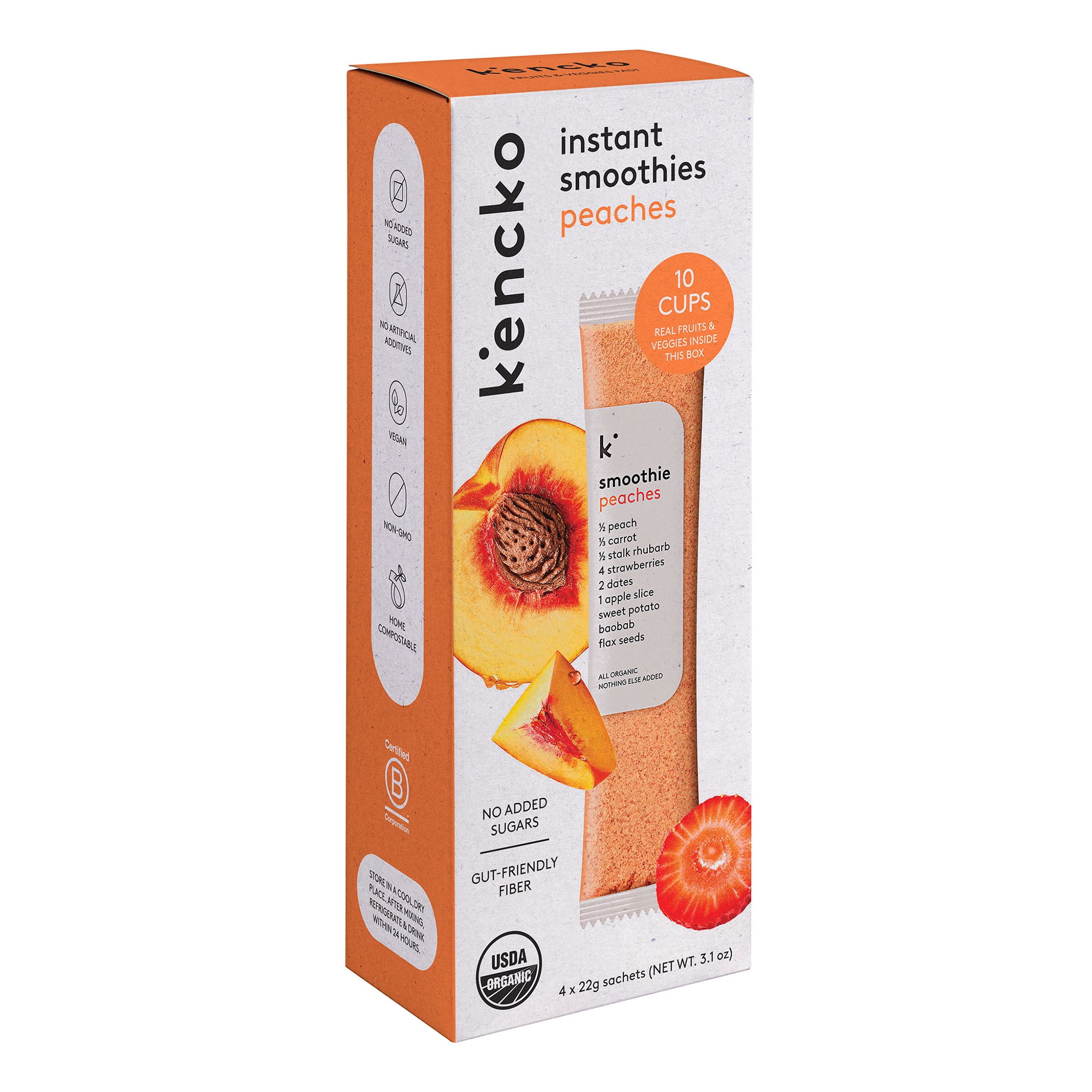 Kencko Peaches Organic Instant Fruit & Veggie Smoothies, Powdered Drink Mix, .78 oz, 4 Pack
