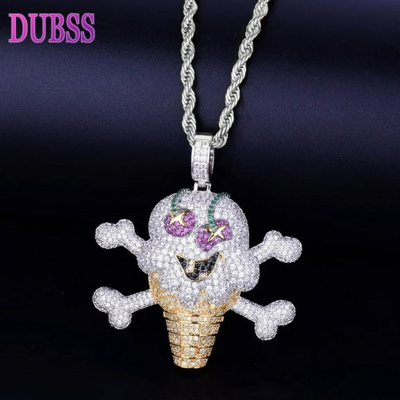 DUBSS Skull Ice Cream Shape Necklace& Pendant Gold Color AAA Cubic Zircon Men's Hip Hop Jewelry