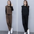 thumbnail image 2 of 3 Pcs/Set Women Vest Top Pants Set Hooded Drawstring Sleeveless Hoodie Long Sleeve O Neck Top Elastic Waist Wide Leg Pants Set Casual Commuting Daily Outfit, 2 of 8