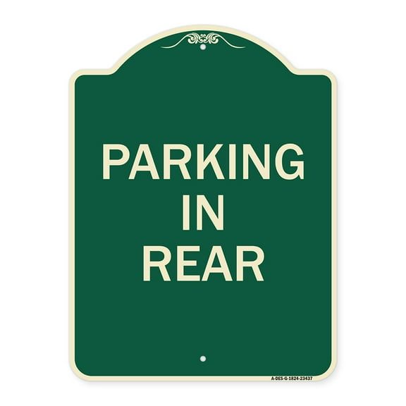 SignMission Designer Series Sign - Parking in Rear | Green & Tan 18" x 24" Heavy-Gauge Aluminum Architectural Sign | Protect Your Business & Municipality | Made in the USA