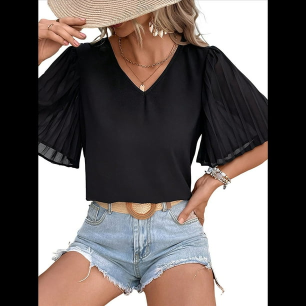 Blusas Elegantes de Verano para Mujer, con Cuello en V, Corta y Pétalos Abullonados, Informales, para Trabajo y Negocios Negro XL