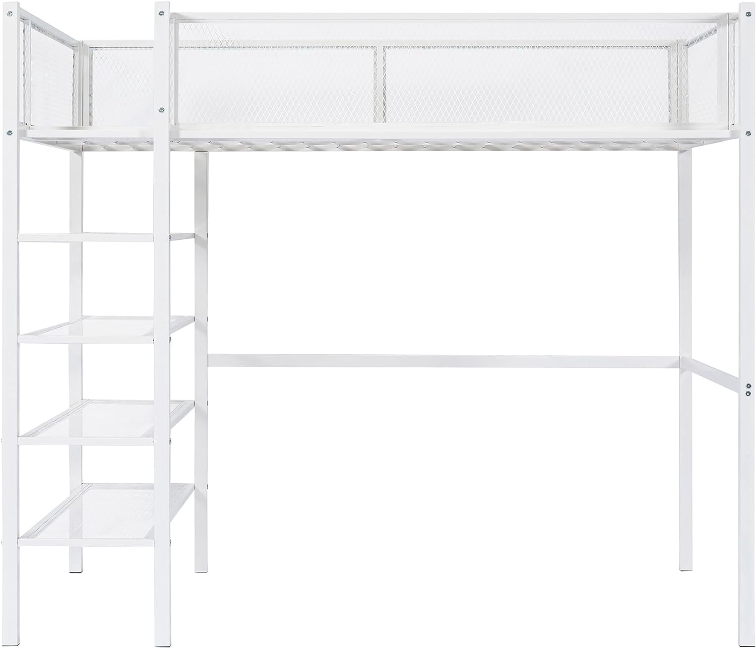 DEALTOPS Twin Size Metal Loft Bed with 4-Tier Shelves and Storage - White