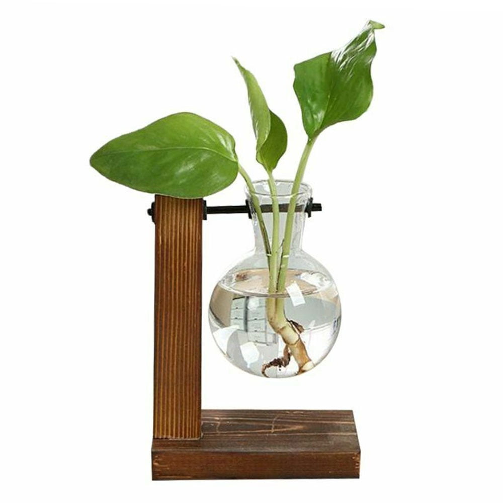 BE_ Hydroponic Plant Vases Glass Vase Vintage Bonsai Flower Pot Wooden Home Deco 