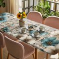 thumbnail image 3 of Teal Tulip Butterfly Table Cloths for 8 Foot Rectangle Tables, Beige Turquoise Floral Farmhouse Wooden Patio Waterproof Elastic Fitted Tablecloths, Washable Rectangular Table Cover for Camping, 3 of 8