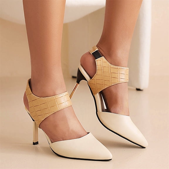 KBODIU Women's Heels, Women Stiletto High Heels Sandals Elastic Band Sandals Super High Heel Pointed Toe Casual Plaid Stilettos Wedding Heels Prom Heels Heeled Sandals Beige 38