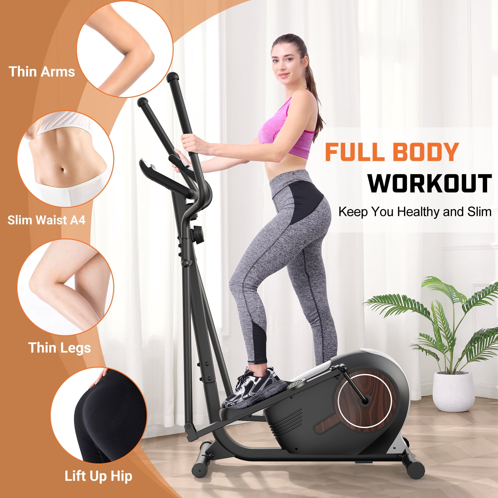 FUNMILY Walnut Stride Pro Heavy Duty Elliptical Machine for Home Gym | 16-Inch Stride, 400LBS Capacity, Ultra-Quiet Low-Impact Cardio for Small Spaces