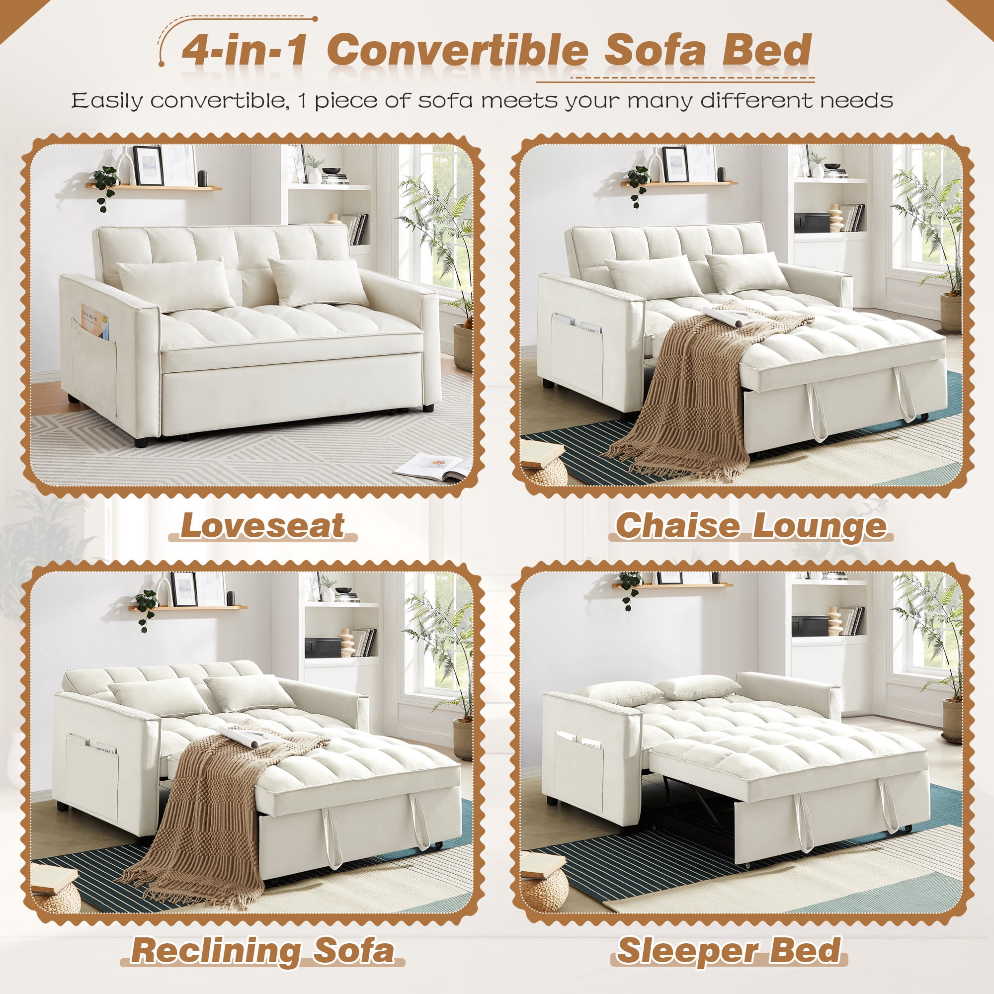 Lunale 4-in-1 Convertible Futon Sofa Bed, Pull Out Couch Beds Loveseat Sleeper, Beige Velvet
