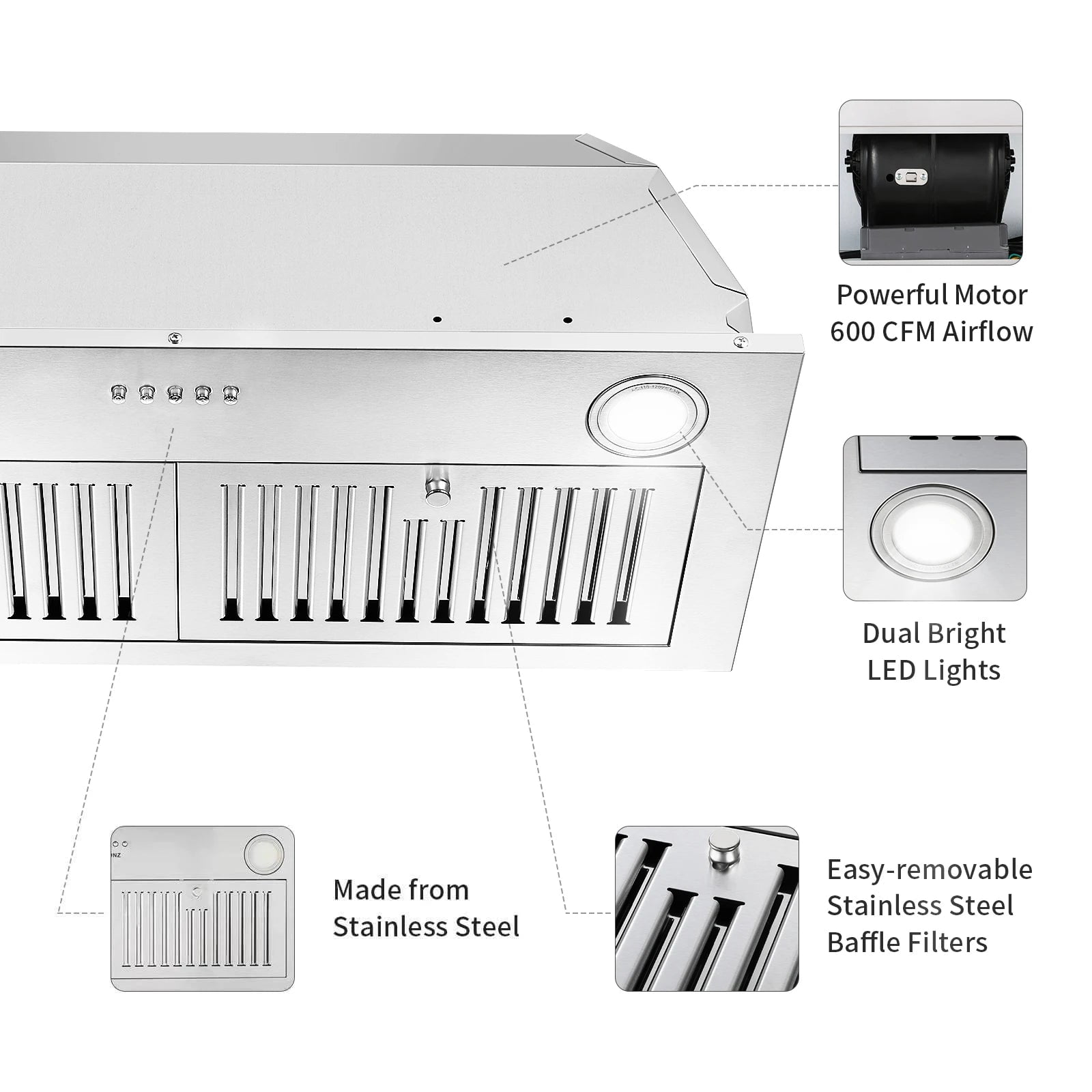 Range Hood Insert 30inch,Stainless Steel Kitchen Vent Hood 600CFM,Built-in Kitchen Stove Hood W/Front Button Controls,LED Lights
