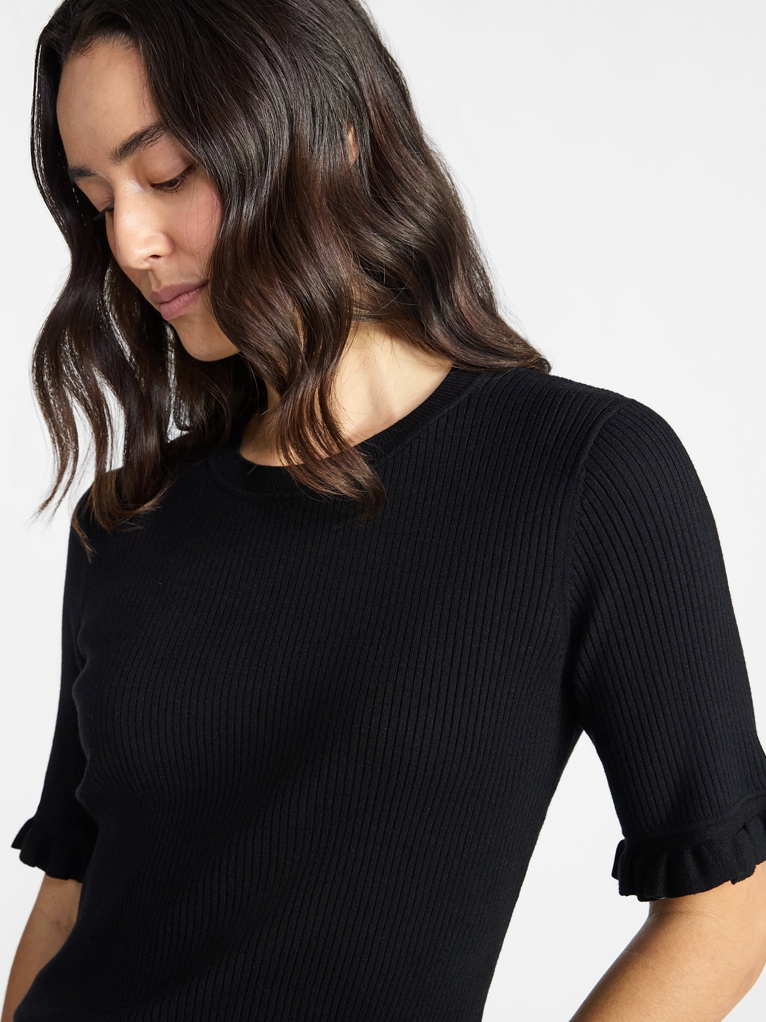 Time and Tru Women's Ribbed Sweater with Flounce Sleeves, Midweight, Sizes XS-XXXL