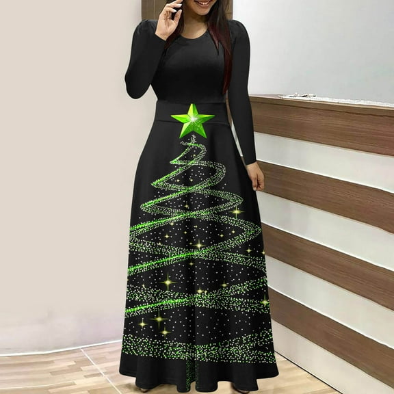 AUNVITO Women's Christmas Print Casual Dress Long Sleeve Round Neck Patchwork Maxi Dress with Soft Stretch Fabric
