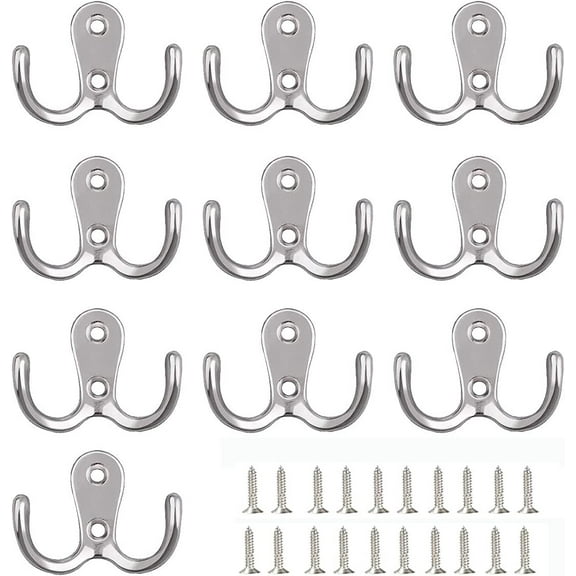 Rustproof Coat Hooks Hardware, Wall Mounted Double Prong, Strong Design, Dual Robe Hanger for Coats, Towels, Silver, Supports up to 5 kg Per Hook