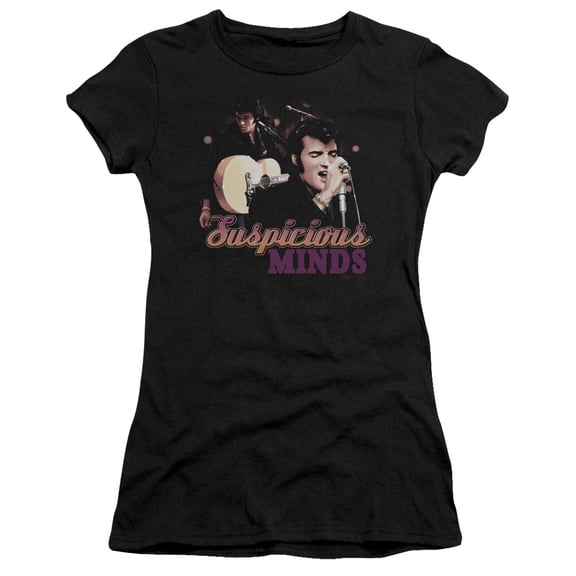 Trevco ELV695-JS-1 Elvis Presley & Suspicious Minds Juniors Sheer Cap Short Sleeve T-Shirt, Black - Small