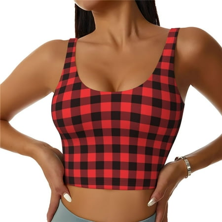 Jgfou Buffalo Plaid Red Black Print Womens Sports Bra - Padded Workout Sports Bras Crop Tank Top