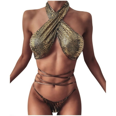 

VKEKIEO Two-Piece Sets Swimsuit Sport Bra Style Lift Gold M