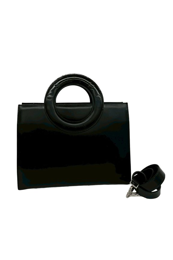 Pre-Owned CELINE Circle Logo Leather 2-Way Shoulder Bag/Handbag/Mini Tote Bag, Black 33232