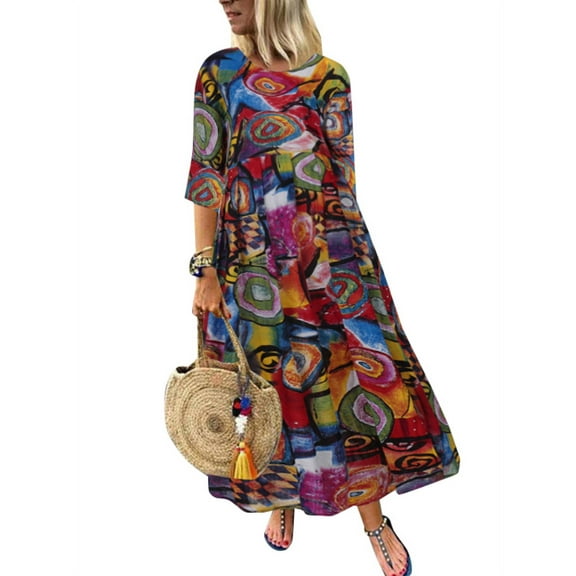 ZANZEA Dresses for Women O-Neck Half Sleeve High Waist Graffiti Print Long Dress