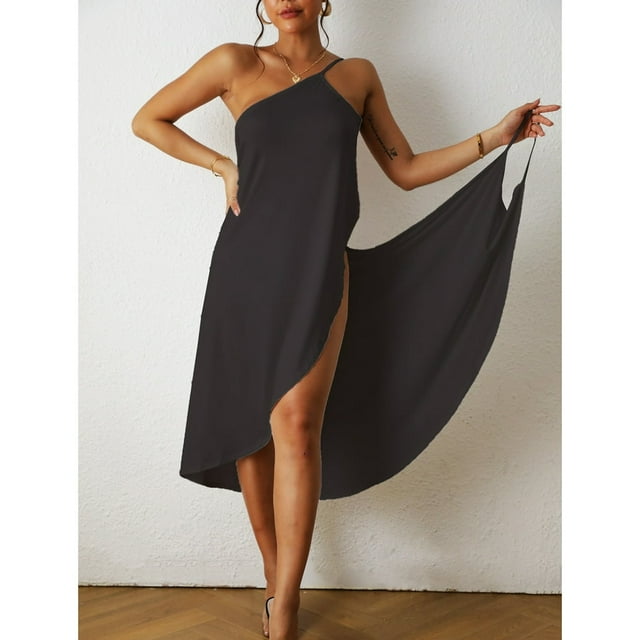 Ladies Sling Midi Dress Asymmetric Solid Color Slim Fit Backless Vacation Outfit