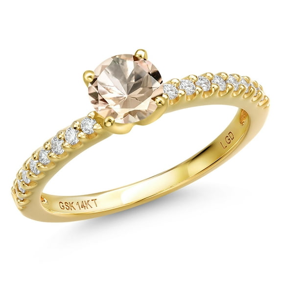Gem Stone King 14K Yellow Gold Peach Morganite and Lab Grown Diamond Engagement Ring for Women | 0.56 Cttw | Round 5MM | Gemstone October Birthstone | Size 8