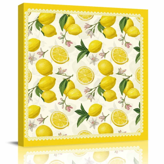Framed Canvas Wall Art for Living Room Floral Lemon Wall Decor, Yellow Summer Fruit Aesthetic Paintings for Bedroom Office Kitchen Bathroom, Ready to Hang Artwork Wall Pictures 8x8 Inch