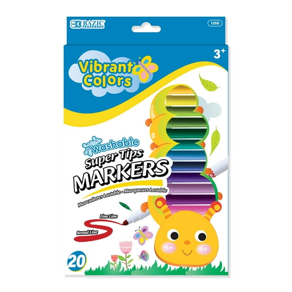 BAZIC Washable Markers Super Tip 20 Color, Fine Line Coloring Marker Non Toxic (20/Pack), 12-Packs