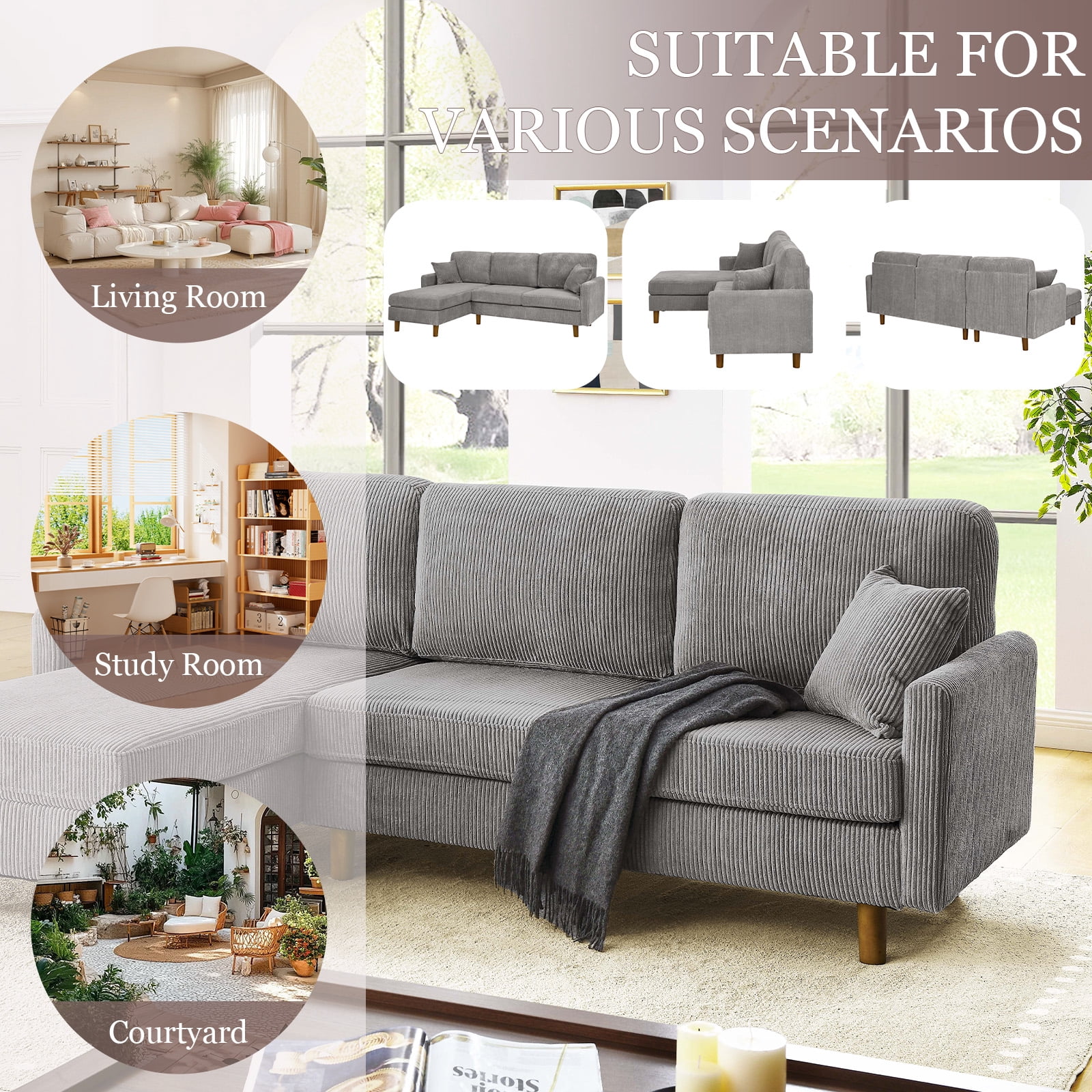MOONMISS 93" Sectional Sofa , L-Shaped 3-Seat Sofa Couch with Chaise for Livingroom,Gray