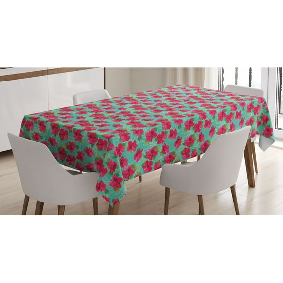 Hawaiian Tablecloth, Botanical Garden Pattern with Pink Hibiscus Blossoms Aloha Nature, Rectangle Satin Table Cover Accent for Dining Room and Kitchen, 60" X 90", Magenta Seafoam, by Ambesonne