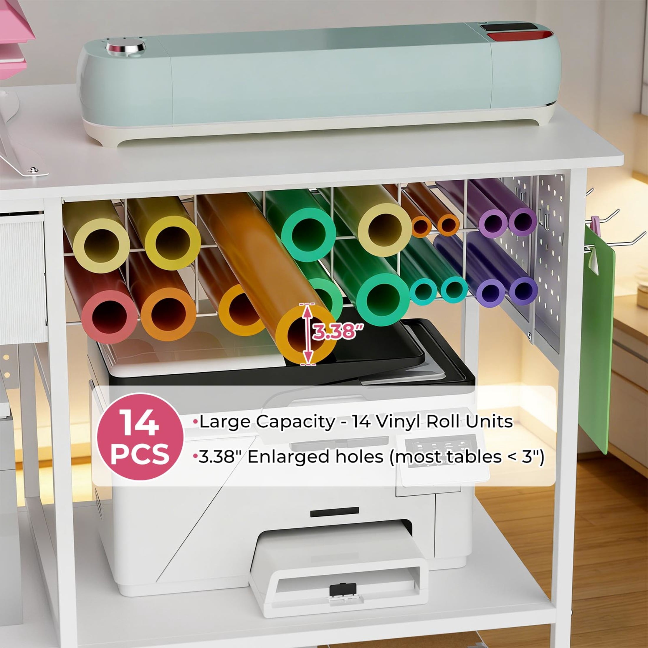 Noble House Large Rolling Heat Press Stand Desk, Metal Workbench with Vinyl Storage, Drawer & Charging Station, White