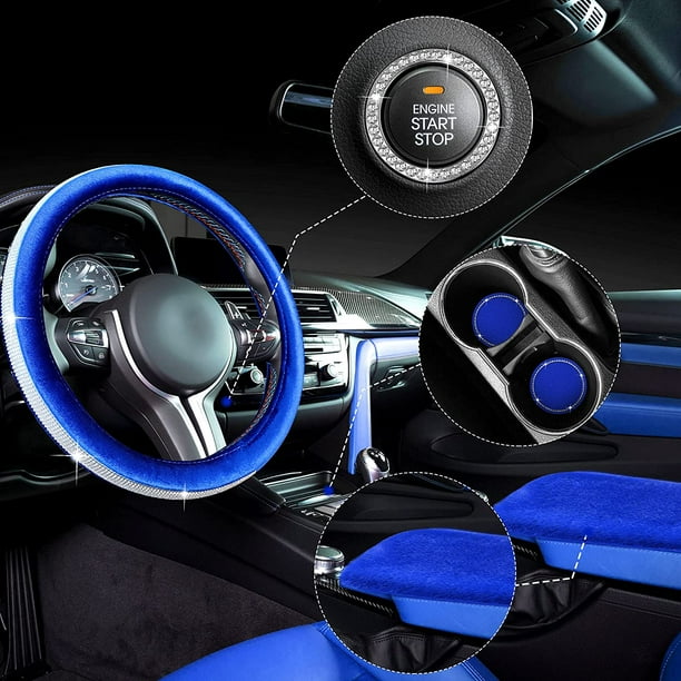 5 Pieces Bling Car Accessories Set Crystal Diamond Steering Wheel Cover Faux Fur Auto Center Console Pad Cup Insert Coasters Rhinestone Ring Sticker For Decor Royal Blue Com 5 Pieces Bling Car Accessories Set, Rhinestone Desk Accessories Set