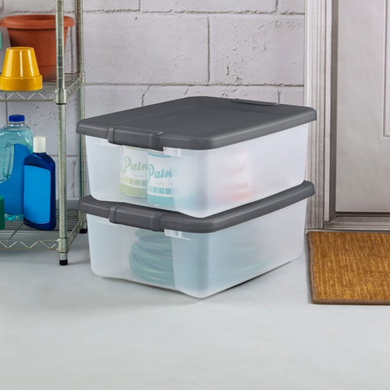 Sterilite 25 Qt. Shelf Tote Driftwood Lid Clear Base w/Platinum