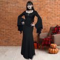 thumbnail image 4 of Women Halloween Dress Fish Tail Hem Slim Fit Irregular Ruffle Cuff Bat Sleeves Gothic Round Neck Solid Color Cosplay Performance Maxi Dress, 4 of 8