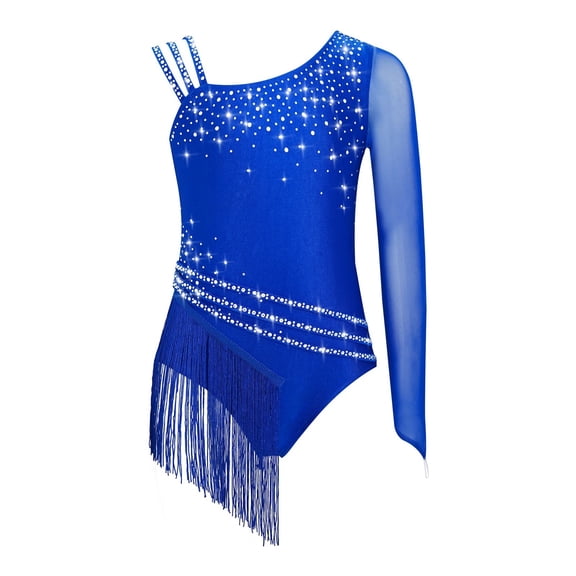 Kid Girl Asymmetric Shoulder Fringed Dance Leotard Rhinestones Figure Skating Rhythmic Dancewear