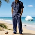 thumbnail image 2 of LNZGNM Men's 2 Piece Cotton Linen Outfits Short Sleeve Button Down Breathable Shirts Loose Beach Pants with Pockets Casual Summer Outfits,Navy L, 2 of 5